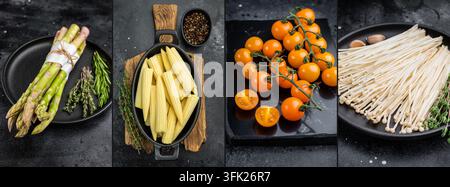 Vier-Panel-Collage aus Spargelspießen, Baby-Mais, gelben Kirschtomaten und Enoki-Pilzen, die auf dunklen Tellern und Brettern arrangiert sind. Stockfoto
