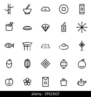 Set aus 25 chinesischen Neujahrs-Linien-Icons: Laterne, roter Umschlag, Feuerwerkskörper, Goldbarren, Münze, Fächer, Pflaumenblüte, Mandarinenorange, Knödel, Fisch, Trommel Stock Vektor