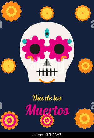 Portraitposter mit einem großen verzierten Zuckerschädel, Ringelblumen und Día de los Muertos-Schriftzug auf dunkelblauem Hintergrund. Text als Umrisse. Vektorillustrat Stock Vektor