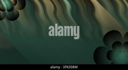 Ein abstrakter Hintergrund mit dunkelgrünen und erdigen Tönen, der vertikale wellige Linien und Blumenmuster aufweist, die aus den Ecken hervortreten. Stockfoto