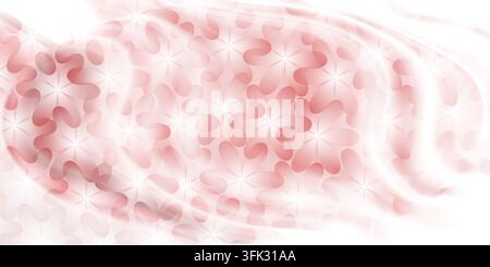Abstrakter Vektor-Hintergrund mit einem sich wiederholenden Blumenmuster, überlagert mit weichen, fließenden rosa und weißen Seiden- oder Satinwellen. Stockfoto