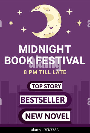 Vertikaler Flyer für das Mitternachts-Buchfestival mit schlafendem Mond. Vorlagenvektor für ein Plakat zur Leseladen-Party Stock Vektor