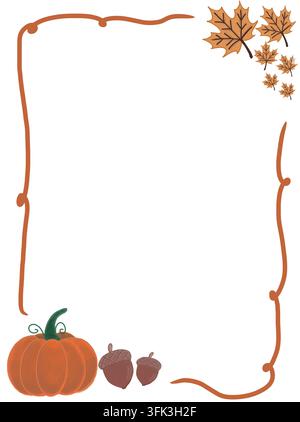 Ein gemütlicher handgezeichneter vertikaler Rahmen und Rand mit einem lebendigen orangefarbenen Kürbis, niedlichen Eicheln, herbstlichen Ahornblättern und welligen Randlinien. Stockfoto