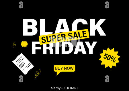 Black-Friday-Super-Angebots-Banner mit 50-Prozent-Rabatt und "Jetzt kaufen"-Button Stock Vektor