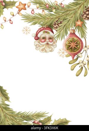 Weihnachtskugel-Weihnachtsrahmen-Aquarellillustration. Zweigdekor zeigt Ornament und eine Glühbirne. Der Vintage-Hintergrund ist für den Druck von Grußkarten. Der saisonale Rahmen ist für Weihnachts-Einladungsvorlagen. Stockfoto
