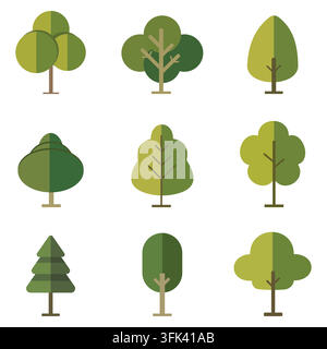 Flache Vektorillustration mit neun verschiedenen Baum-Icons in verschiedenen Formen und Grüntönen auf weißem Hintergrund mit braunen Stämmen. Stock Vektor