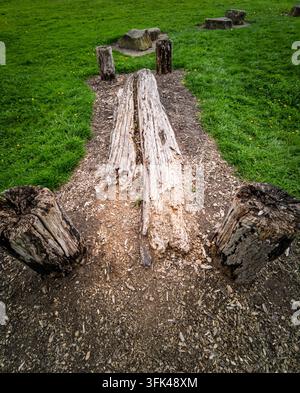 Eine Ansicht von oben eines rustikalen Weges, der aus verwitterten Holzblöcken und Holzspänen konstruiert ist und sich durch üppiges grünes Gras in einem natürlichen Außenpark windet Stockfoto