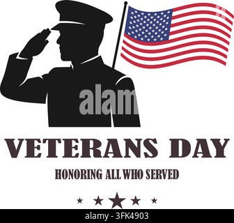 Veterantag-Illustration mit einer Silhouette eines salutierenden Soldaten neben einer amerikanischen Flagge Stock Vektor
