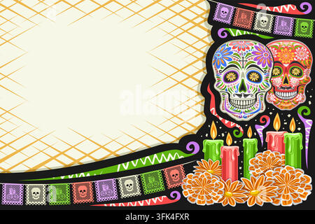 Vektor-Glückwunschkarte für Da de los Muertos mit Platz für Text, dekorativem Layout mit Illustration von Schädeln, bunten Flaggen und brennenden Kerzen Stock Vektor