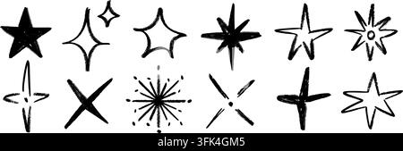 Handgezeichnetes Sternform-Set. Schwarzer Pinselstrich-Funken-Skizzen-Sammlung. Vektorabstrakte Magie-Glanz-Packung. Kinderkreide-Funken-Sternchen-Krakel-Bündel für Aufkleber, Collage, Poster, Aufkleber, Etikett Stock Vektor