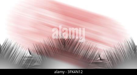 Abstrakte Kunst mit verschwommenen rosa und weißen diagonalen Streifen über spitzen schwarzen geometrischen Mustern am unteren Rand. Stockfoto