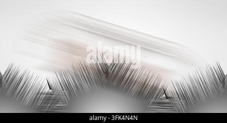 Abstrakte Kunst mit dynamischen dunklen Pinselstrichen, die in einem spitzen Muster angeordnet sind, vor einem verschwommenen, farbverlaufenden Hintergrund, isoliert auf Weiß. Stockfoto