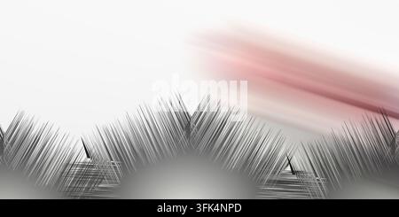 Eine abstrakte grafische Komposition mit spitzen schwarzen Vorderelementen, gepaart mit einem subtilen, verschwommenen diagonalen rosa und grauen Streifen auf einem sauberen Hintergrund Stockfoto