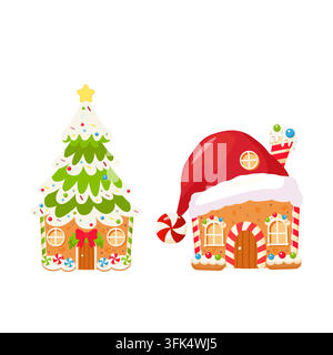 ein bezauberndes Set niedlicher weihnachtlicher Lebkuchenhäuser Stock Vektor
