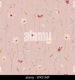 Aquarell botanisches Nahtloses Muster mit rosa Anemonen, gelben Gänseblümchen, Lunaria-Kapseln und getrocknetem Gras. Wiederholndes Ornament mit Wildblumen, Gräsern Stockfoto