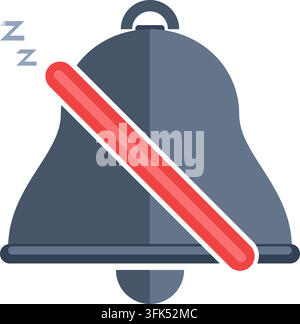 Flaches Vektor-Symbol einer stummen Benachrichtigungsglocke mit rotem diagonalem Strich und Schlafsymbol auf weißem Hintergrund Stock Vektor
