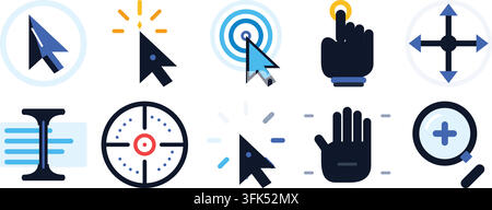 Satz moderner flacher Vektor-Icons für Computermaus, Cursor, Klick und Touch-Gesten auf weißem Hintergrund Stock Vektor