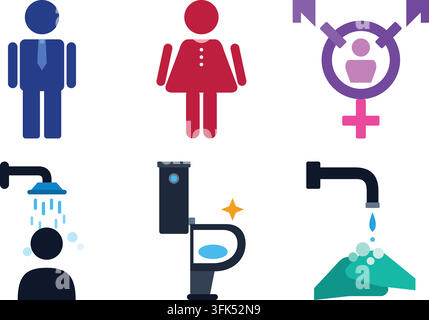 Satz von flachen Vektor-Icons für Badezimmer, Dusche, Toilette und Geschlechtsymbole isoliert auf weißem Hintergrund Stock Vektor