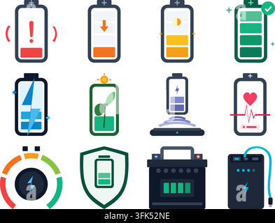 Satz von zwölf flachen Vektor-Icons für Akkustand, Aufladen, Powerbank und Energieverwaltung auf weißem Hintergrund Stock Vektor