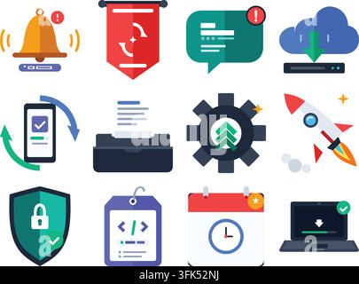 Satz farbenfroher flacher Vektor-Icons für Software-Update, Cloud-Download, Sicherheit und Systemeinstellungen auf weißem Hintergrund Stock Vektor