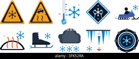 Winterwetter-Vektor-Symbolset mit Schneeflocke, Eis, Thermometer und Straßenschildern auf weißem Hintergrund Stock Vektor
