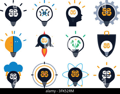 Satz von zwölf flachen Vektor-Icons mit Gehirn- und Glühbirnen-Motiven für Kreativität, Intelligenz und Innovation. Stock Vektor