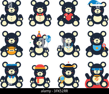 Satz niedlicher schwarzer Teddybär-Vektor-Icons mit Accessoires, flaches Design, isoliert auf weißem Hintergrund Stock Vektor