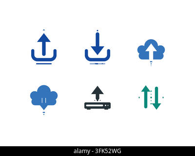 Satz von sechs flachen Vektor-Icons für Cloud-Upload, -Download, -Sync und -Transfer auf weißem Hintergrund Stock Vektor