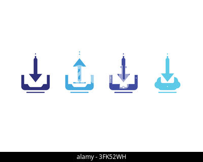 Satz von vier flachen Vektor-Icons, die Datendownload und -upload darstellen, mit Pfeilen und Wolken-Symbolen in Blau und Lila auf Weiß. Stock Vektor