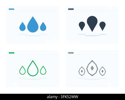 Vektor-Set von Wassertropfen-Ikonen in flachen Designstilen, blau, grün und grau, isoliert auf weißem Hintergrund Stock Vektor
