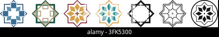 Satz farbenfroher islamischer geometrischer Sternmuster und ornamentaler Vektorsymbole isoliert auf weißem Hintergrund Stock Vektor