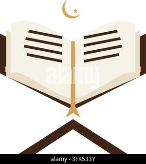 Flache Vektorillustration eines offenen Quran-Buches auf Holzständer mit Halbmond und Stern, islamisches religiöses Symbol Stock Vektor