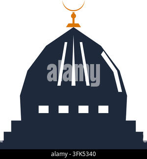 Flache Vektorillustration einer dunkelblauen Moscheenkuppe mit goldenem Halbmond als Abschluss auf weißem Hintergrund Stock Vektor