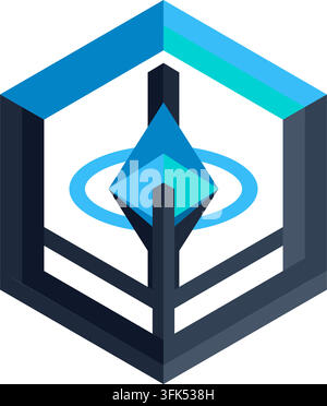 Isometrische 3D-blaue Hexagon-Ikone mit abstraktem Diamanten und Ring, modernes Vektor-Logo-Design auf weißem Hintergrund Stock Vektor