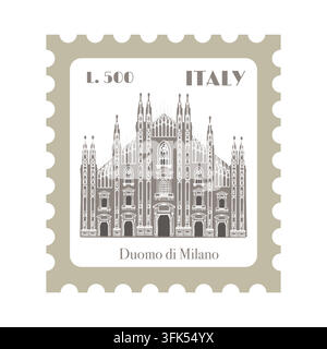 Italien Briefmarke Vektor Poststempel Retro Design Mailand Reise Ikone Duomo di Milano. Gotische Kathedralenarchitektur Vintage Ästhetik. Tourismus Marketing Banner Stock Vektor