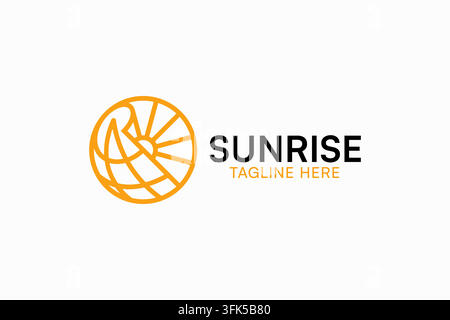 Orange Globe Sunrise Logo Vektor Strahlenkugel-Stil. Globale Reisebüro-Branding-Ikone für internationale Logistik und Solarenergieunternehmen. Stock Vektor