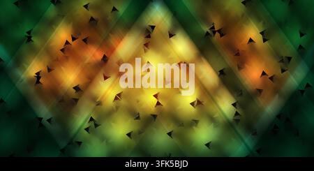 Eine dynamische abstrakte Komposition mit dunklen Dreiecksmustern, die sich über einen lebendigen, leuchtenden Hintergrund aus grünen, gelben und orangefarbenen Lichtstrahlen legen. Stockfoto