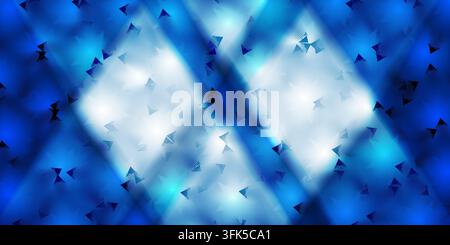 Ein dynamischer abstrakter Hintergrund mit lebendigen blauen Farbverläufen, leuchtenden Lichtflecken und einem verstreuten Muster aus dunklen geometrischen Dreiecken. Stockfoto