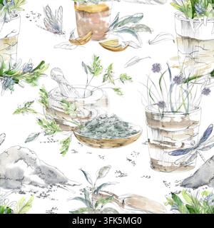 Topfkräuter, getrocknete zerkleinerte Gewürze, frische Küchenpflanzen, hölzerne Küchenaccessoires, Libellen. Isolierte Bleistift-, Aquarellhand gezeichnete Nahtlos Stockfoto