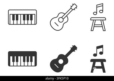 Symbole von Musikinstrumenten: Gitarre, Klavier, Notenschrift, Hocker – Schwarz-Weiß-Set Stock Vektor
