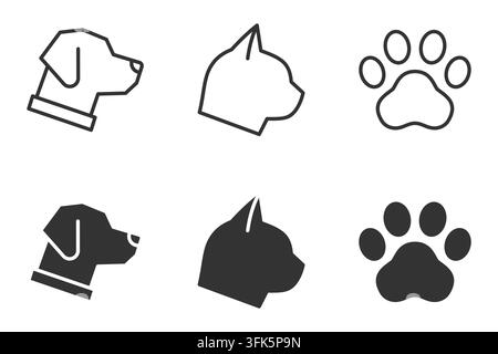 Hunde- und Katzen-Symbole mit Pfotenabdrücken in schwarz-weißem Minimalismus Stock Vektor