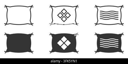 Minimalistische Kissen-Icons mit geometrischen und Wellenmustern in Schwarz und Weiß Stock Vektor