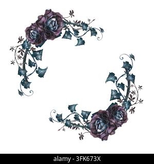 Elegante dunkle Rosen- und Efeu-Eckrahmen-Elemente handgezeichnete Aquarellkunst. Gothisches viktorianisches Element für Fotoalben, Zertifikatsrahmen, Luxus Stockfoto