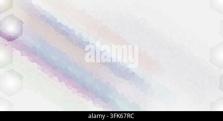 Weicher Pastellhintergrund mit körnigen diagonalen Pinselstrichen in Weiß-, Lavendel- und Rosatönen mit subtilen leuchtenden kreisförmigen Elementen. Stockfoto