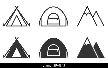 Camping-Symbole: Zelt- und Berg-Ikonen für Outdoor-Enthusiasten Stock Vektor