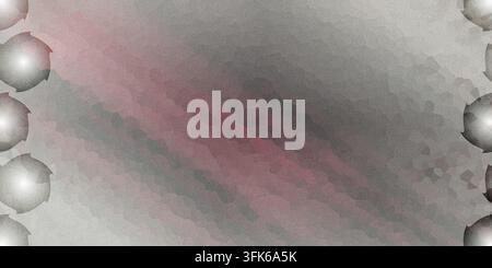 Ein abstrakter strukturierter Hintergrund mit diagonalen gebürsteten Bändern in Grau, Schwarz und gedämpftem Rot, akzentuiert mit leuchtenden kreisförmigen Elementen links Stockfoto