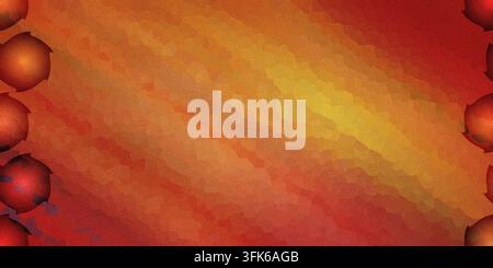 Ein abstrakter strukturierter Hintergrund mit einem Farbverlauf von Rot, Orange und Gelb mit körnigen Mustern und leuchtenden kreisförmigen Motiven an der linken Seite Stockfoto