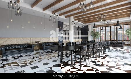 3D-Rendering eines modernen Loungeinterns mit schwarzen Ledersofas, einem langen Esstisch und geometrisch gefliestem Boden. Stockfoto