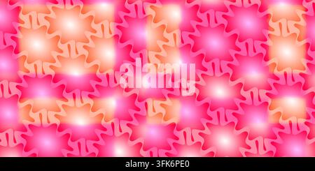 Ein heller und fröhlicher abstrakter Hintergrund mit einem sich wiederholenden Muster aus rosa und orangefarbenen welligen Sternformen mit leuchtenden Highlights. Stockfoto