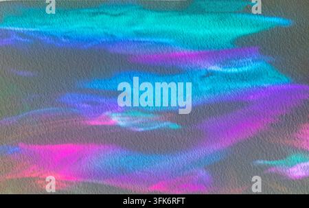 Abstrakte Aquarelltextur mit neonblauen und magentafarbenen Wellen auf strukturiertem Papier Stockfoto